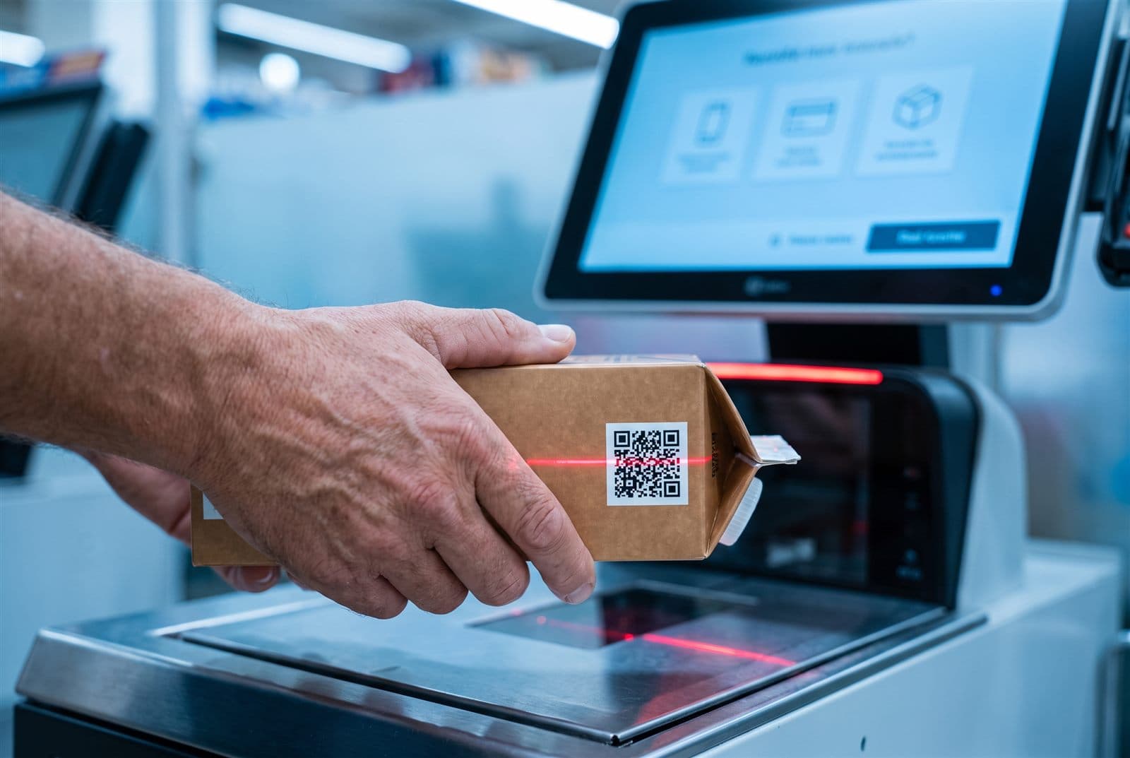 Klant scant een verpakking met QR-code bij een zelfscankassa; de rode scanlijn valt over de code