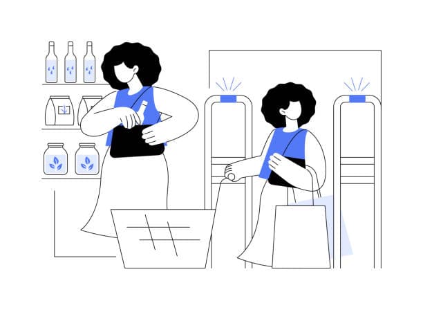 Illustratie: een klant verbergt een product in de jas terwijl een andere klant met tas door de antidiefstalpoortjes loopt